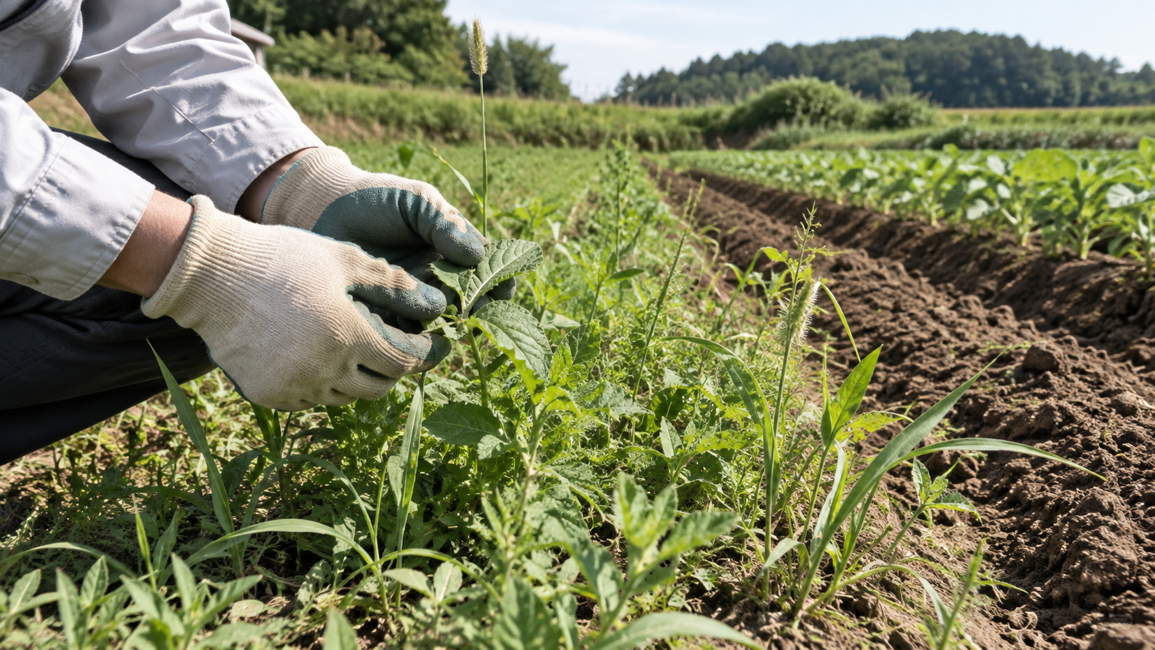 除草剤が効かなかった場所の雑草を観察するイメージ
