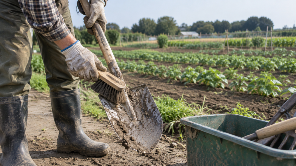 畑で使った道具の土を落とす管理のイメージ