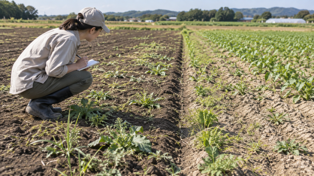 区画ごとの雑草の残り方を見回るイメージ