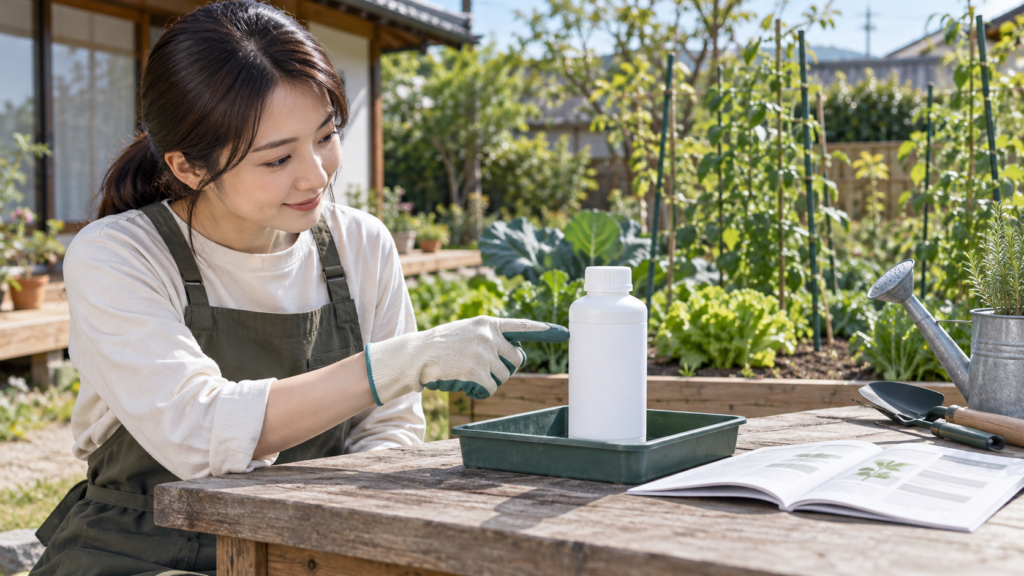 元の容器と説明書を机の上で確認する準備