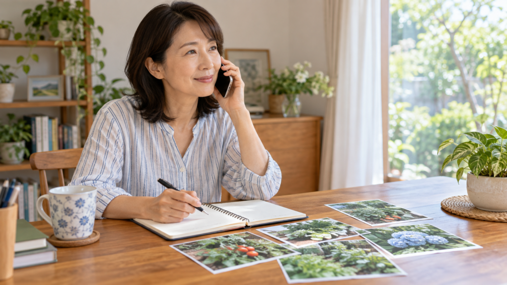 製品情報と菜園の写真を用意して相談する場面