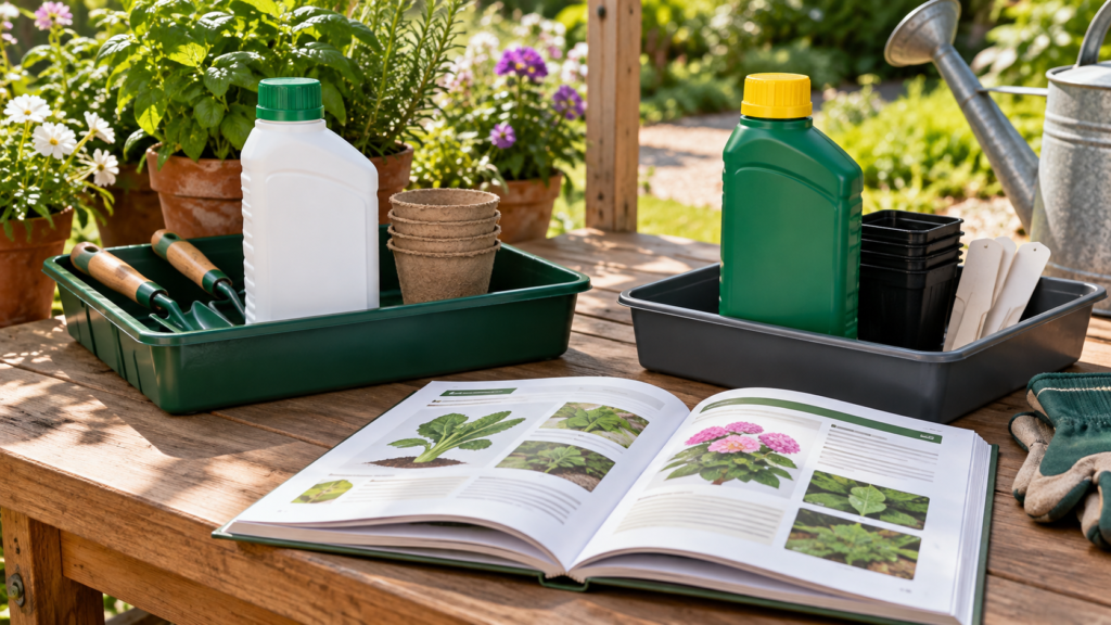 異なる除草剤を分けて置き使用説明を確認する準備