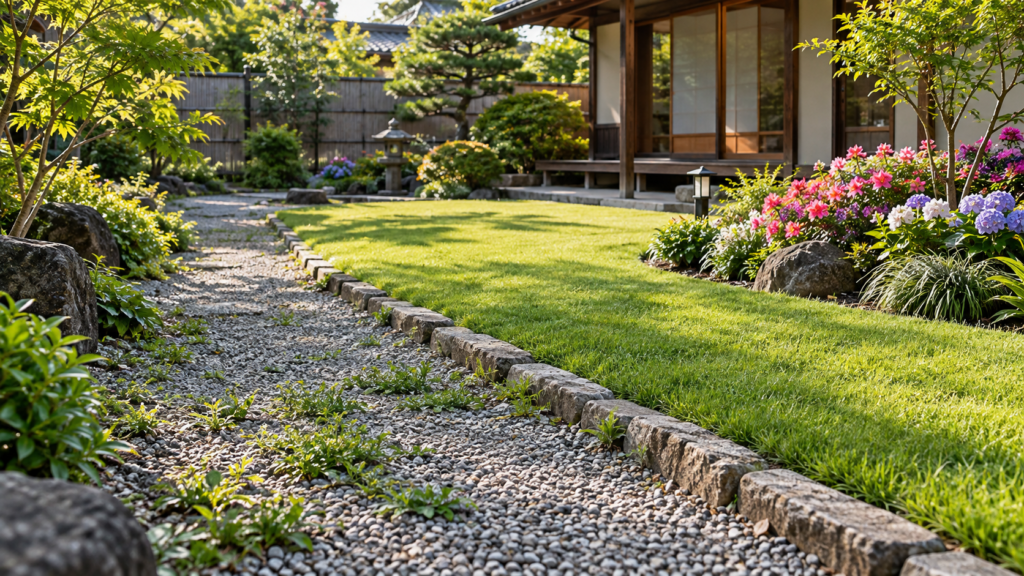 雑草を処理する通路の近くに芝生と花壇がある庭