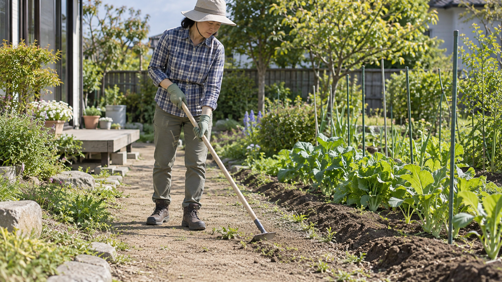 小さな雑草を長柄の草削りで地表近くから処理する作業