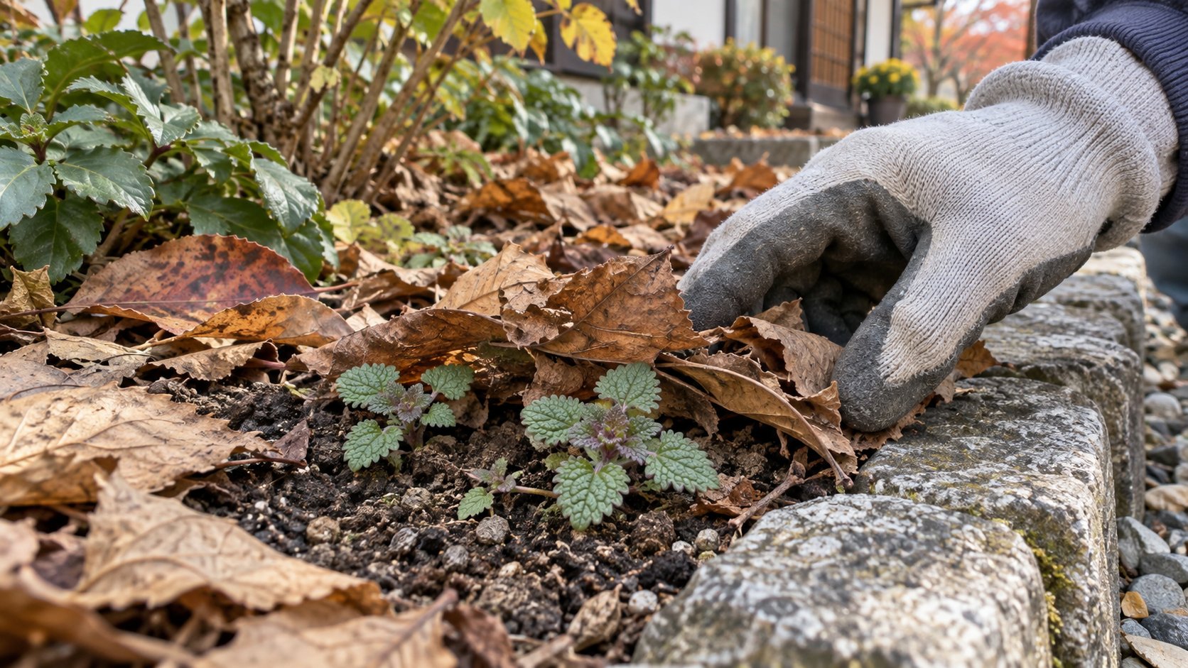 縁石近くの落ち葉をよけて小さな雑草を点検するイメージ