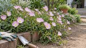 花壇の縁から通路側へ広がる淡いピンクの花と除草道具