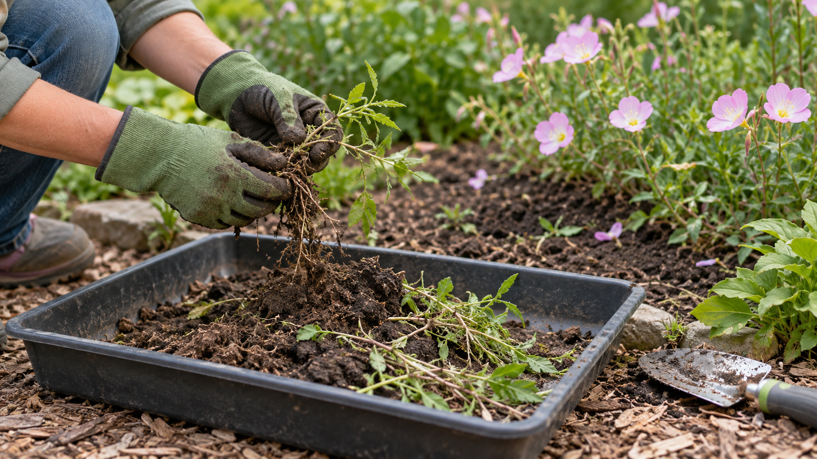 トレーの上で土と掘り取った植物片を分ける作業イメージ