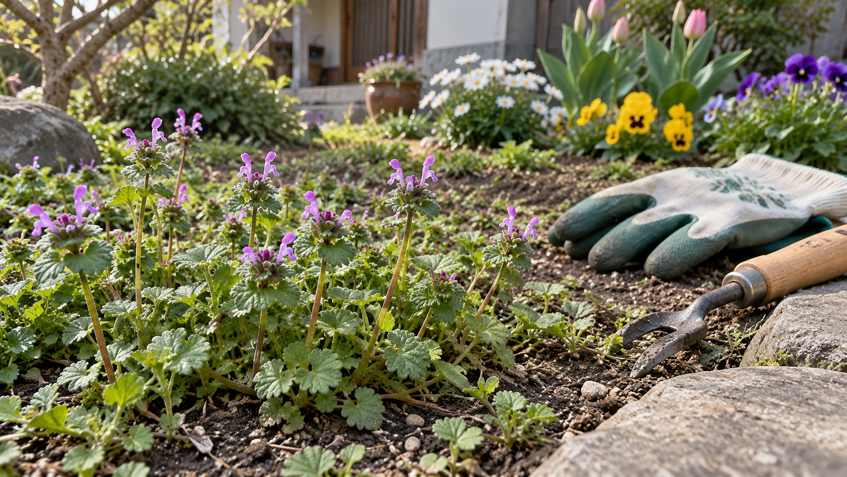 紫色の花を付けた雑草と花壇の草取り道具を描いたイメージ