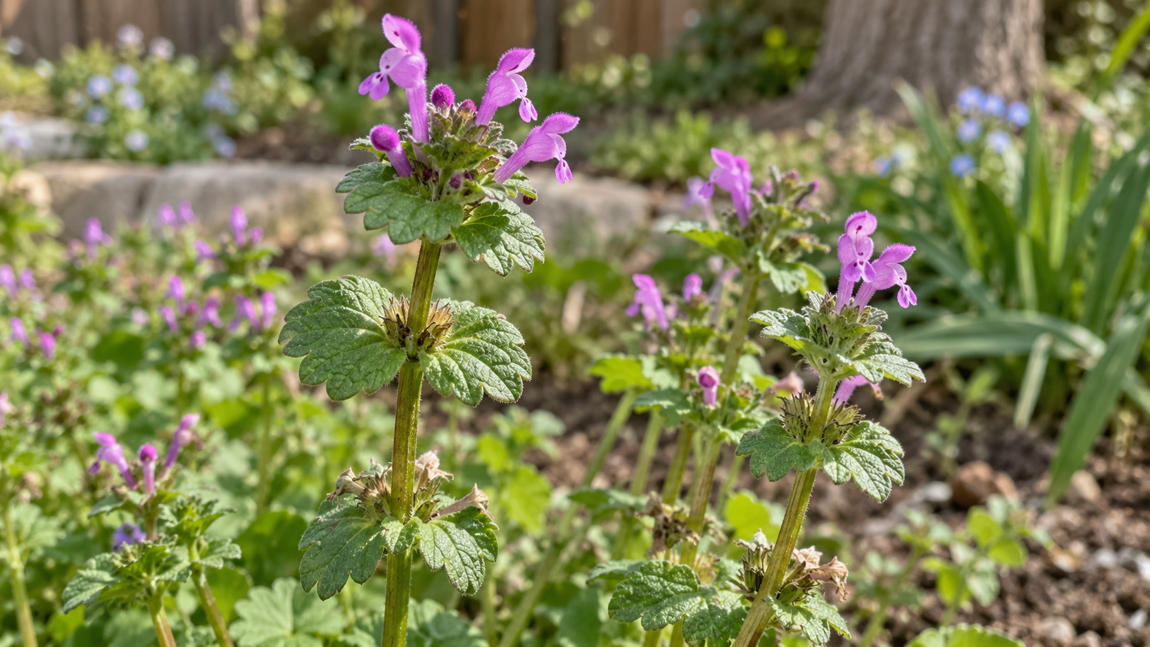 細い紫色の花と丸い葉が付く茎を描いたホトケノザのイメージ