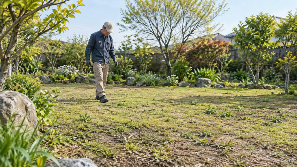 整った平らな作業場所で草刈り前の確認をする様子