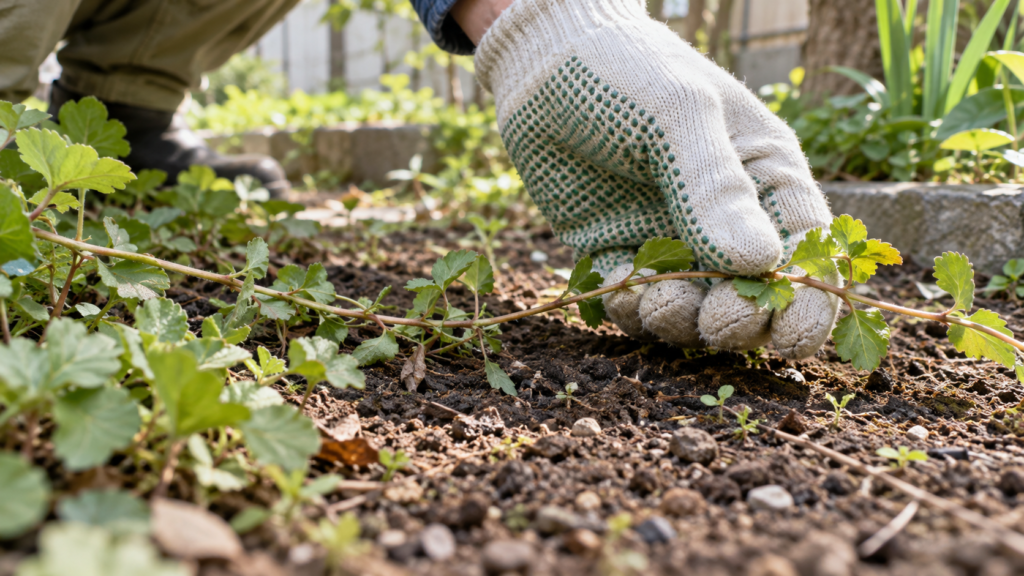 地面の低い位置にある茎のつながりを確認するイメージ