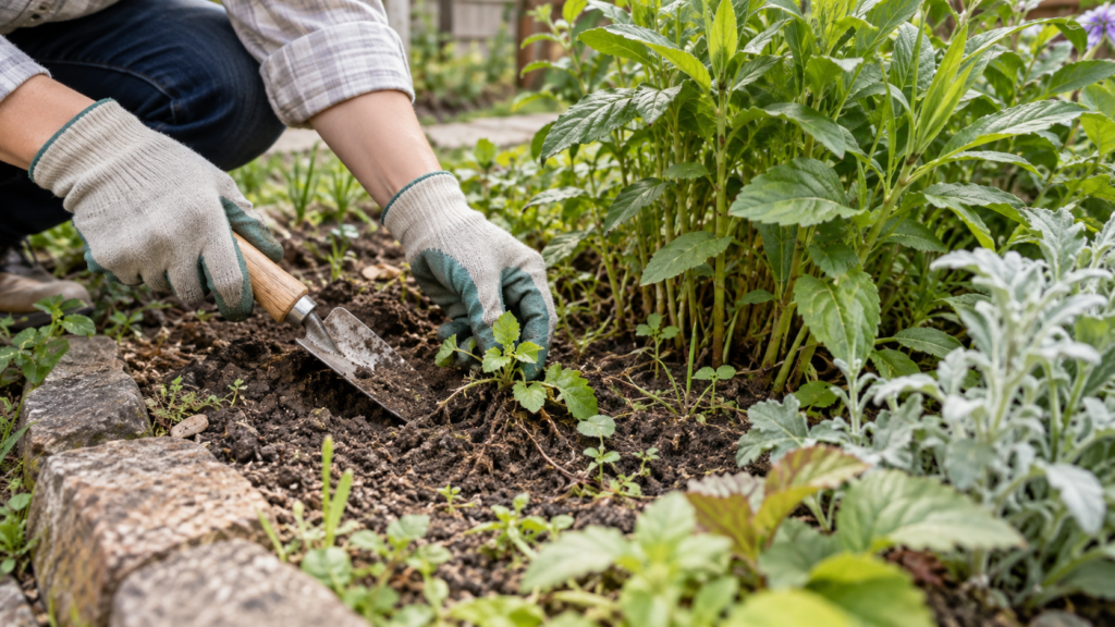花壇の植物を避けて雑草を少しずつ取り除くイメージ