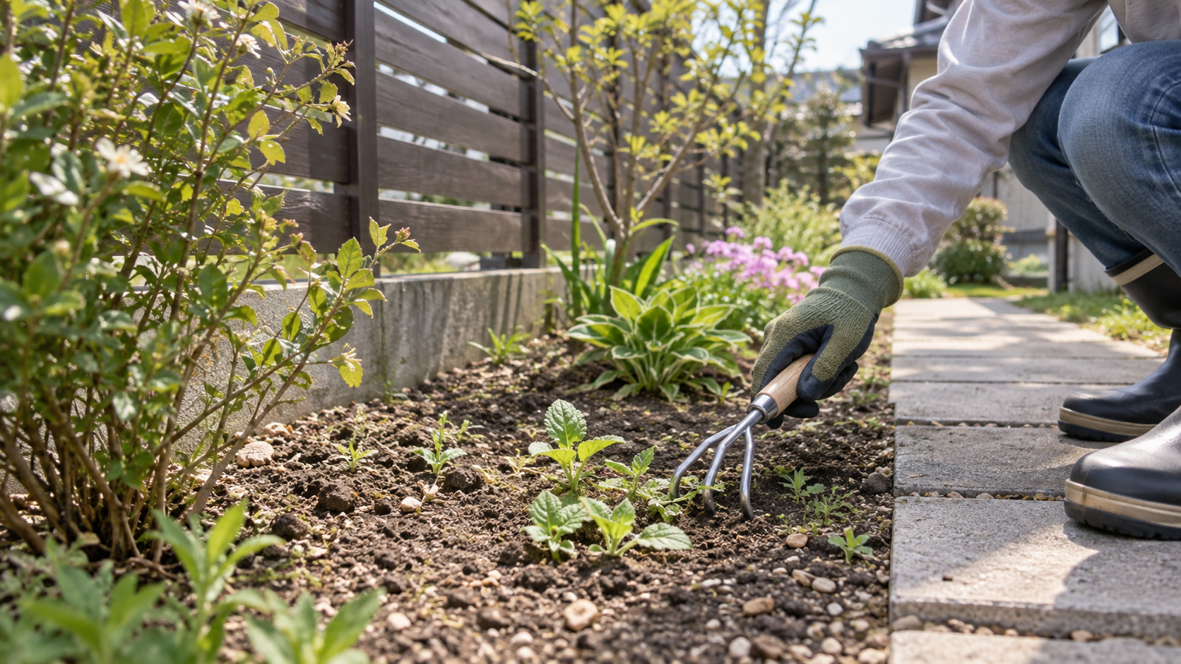 春の庭で小さい雑草を草取り道具で除く生成イメージ
