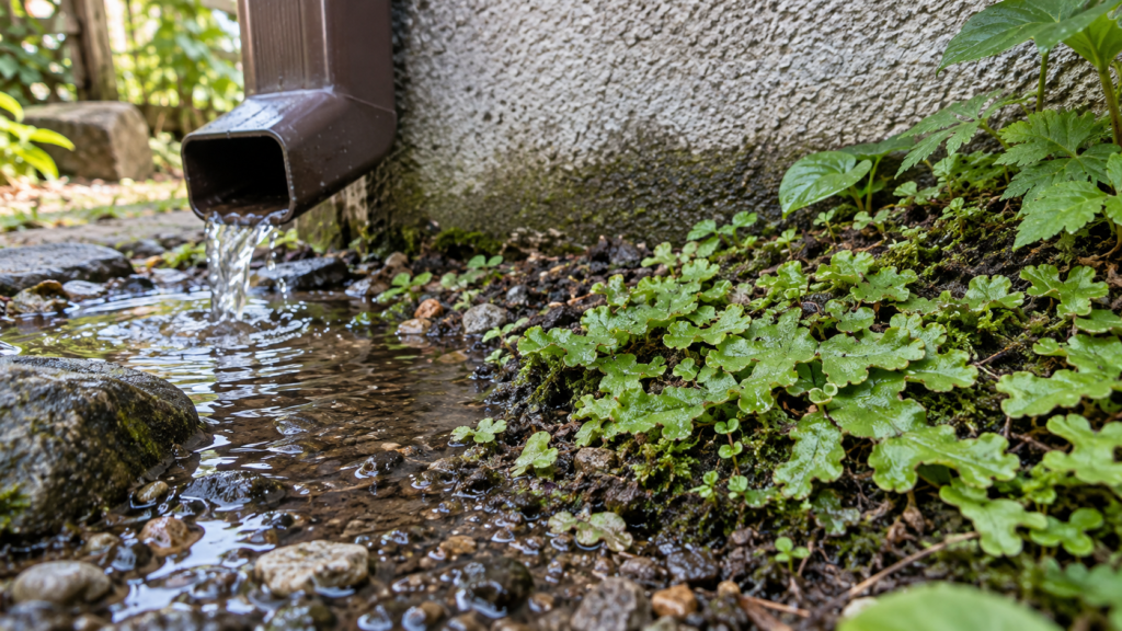 雨どいの下で地面が湿りゼニゴケが広がる場所のイメージ