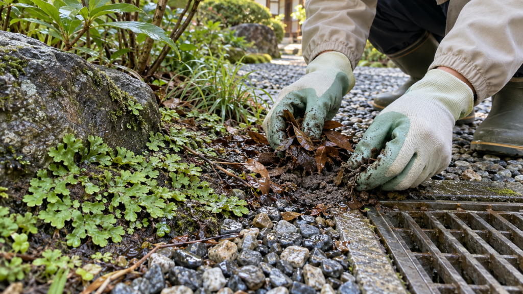 砂利にたまった落ち葉と泥を取り除く再発管理のイメージ
