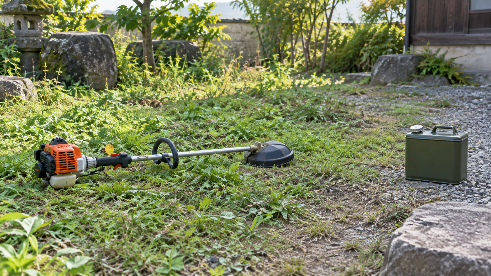 庭の雑草と停止した草刈機、閉じた燃料容器のイメージ