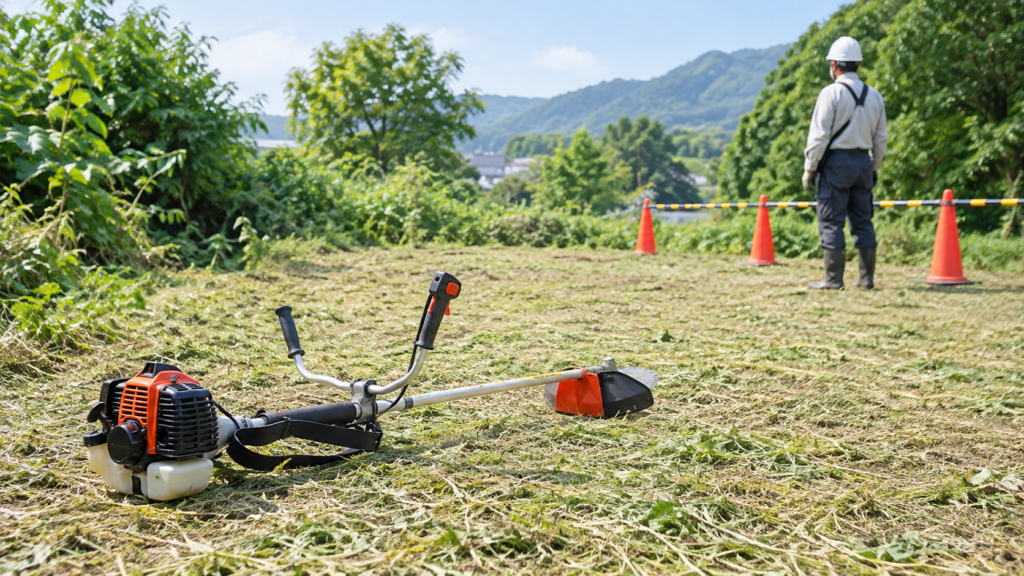 停止した刈払機と作業区域の立入管理を確認する説明イメージ