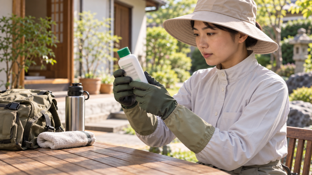 虫よけ容器の裏面にある使用上の注意を確認する手元