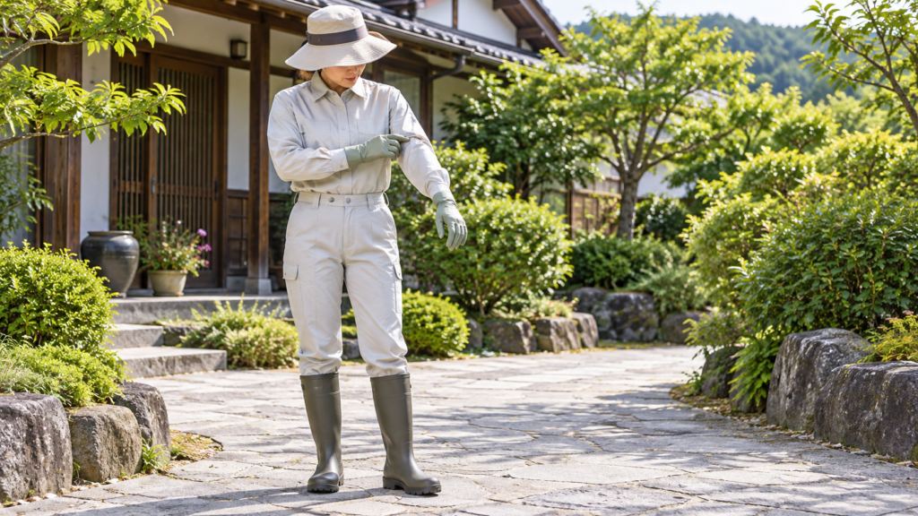 草むらを離れた場所で作業服の表面を確認する人