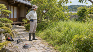 草刈り前に長袖と長ズボンを着て庭の通路に立つ人