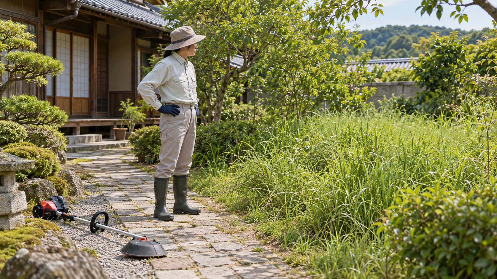 草刈り前に長袖と長ズボンを着て庭の通路に立つ人