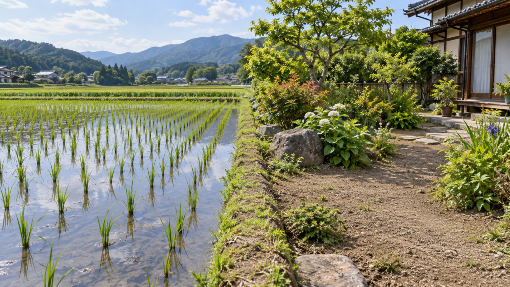 水を張った田んぼと、乾いた家庭の庭の条件を比べる説明イメージ