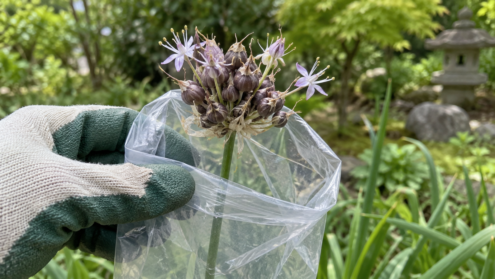 むかごが付いた花茎の先端に回収袋を添える生成イメージ