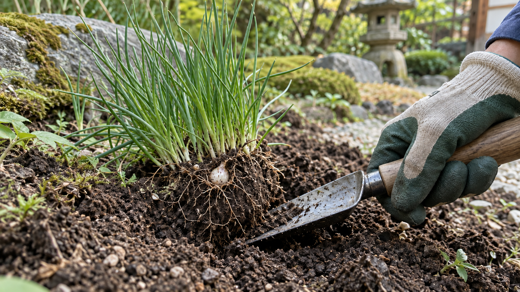 株の外側から移植ごてを入れ土の塊を支える作業イメージ