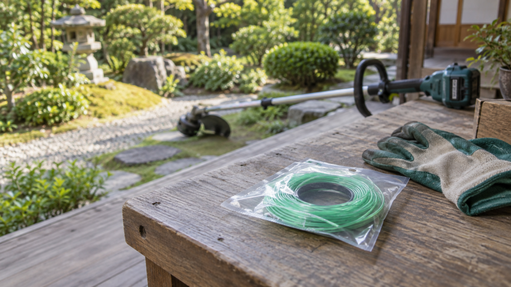 庭の雑草と停止した草刈機、交換コードを用意した作業場所