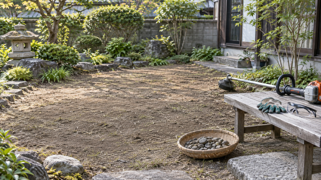 小石を取り除き保護具をそろえた草刈り前の作業場所