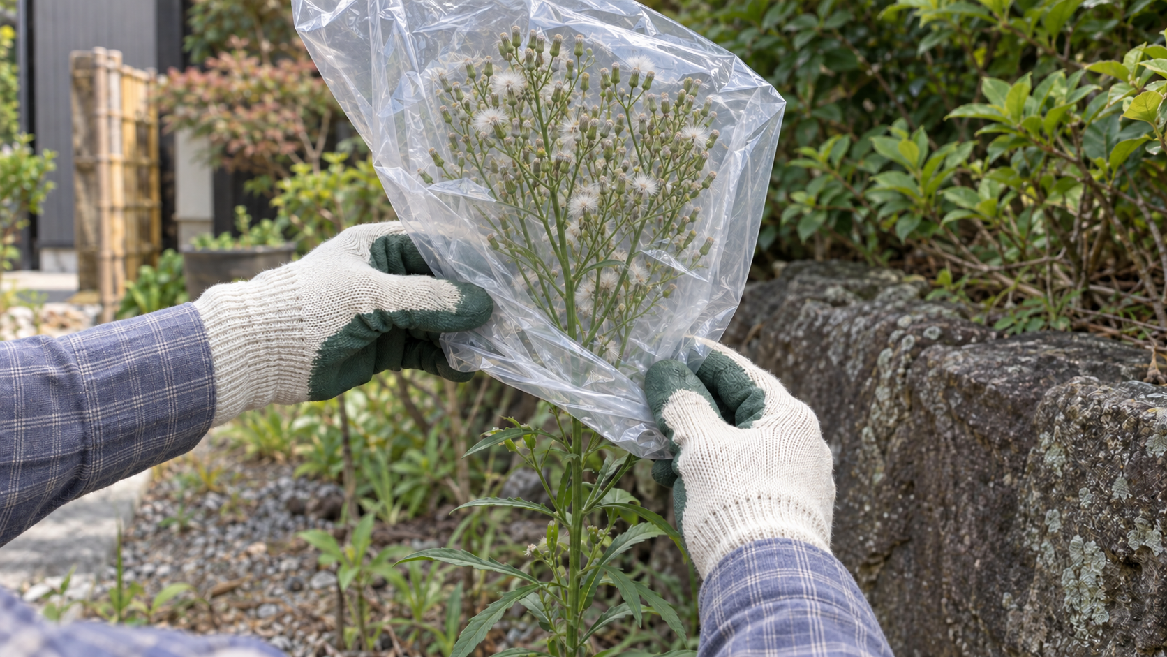 花や綿毛のある枝を切る前に袋で包む作業イメージ