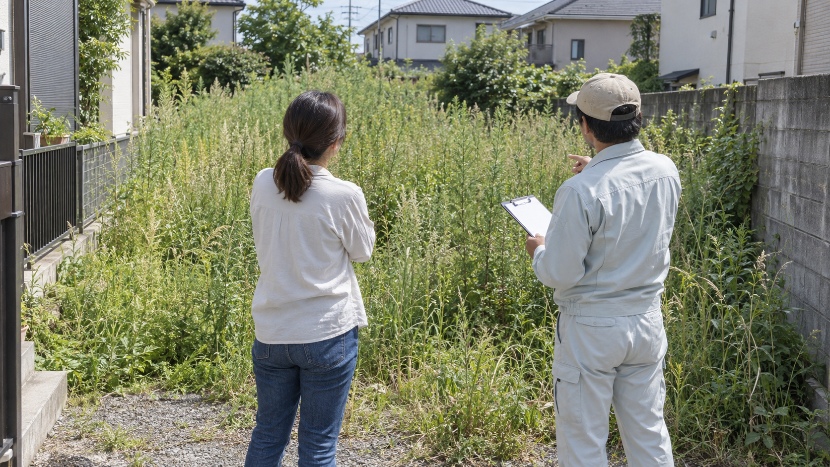 高い雑草が広がる空き地を入口から見て相談するイメージ
