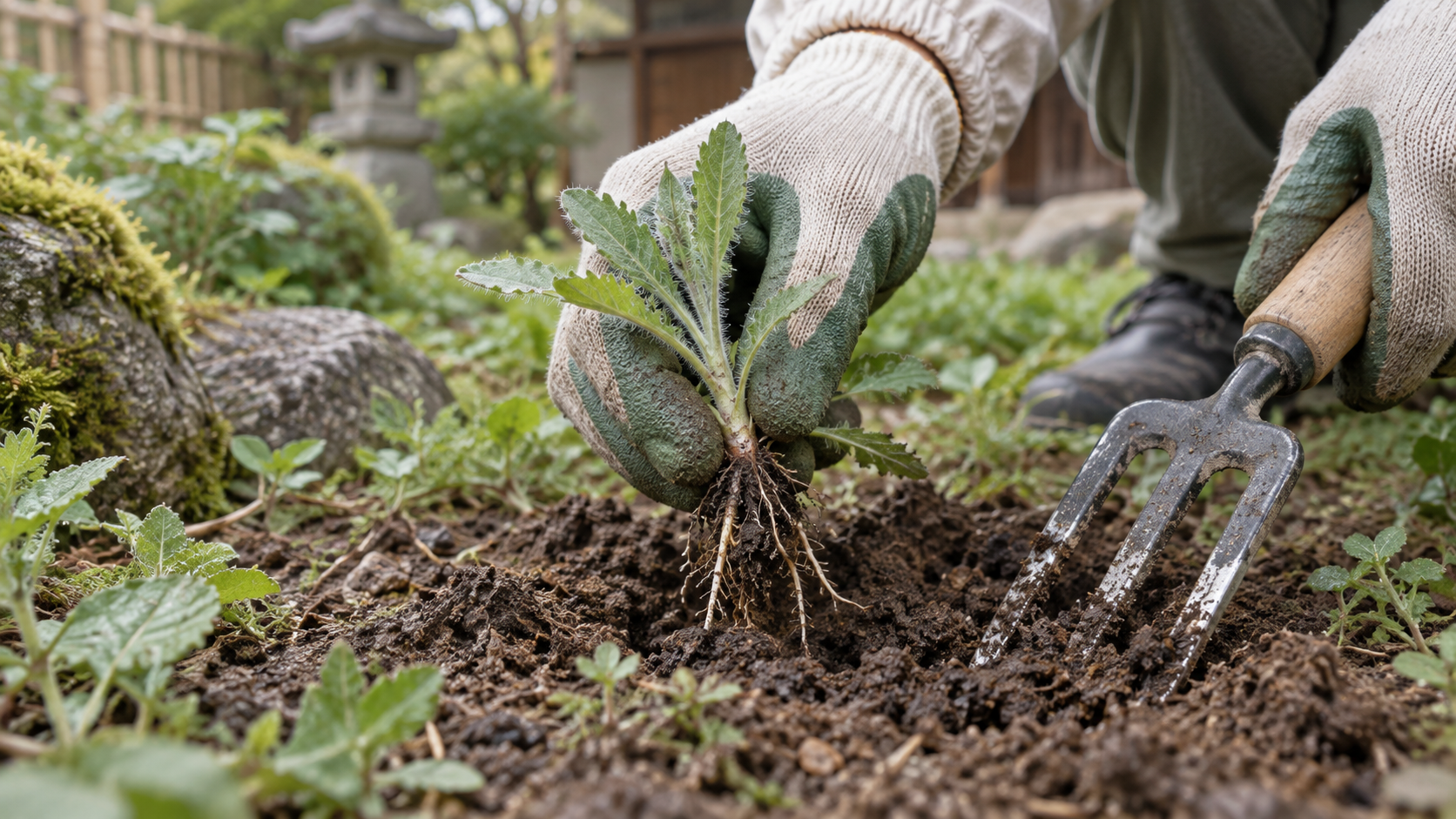 土を緩めて小さな雑草を根元から抜く作業イメージ