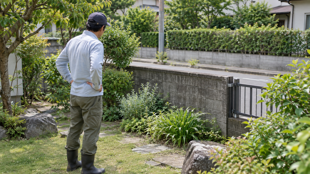 庭の境界と道路を敷地内から確認するイメージ