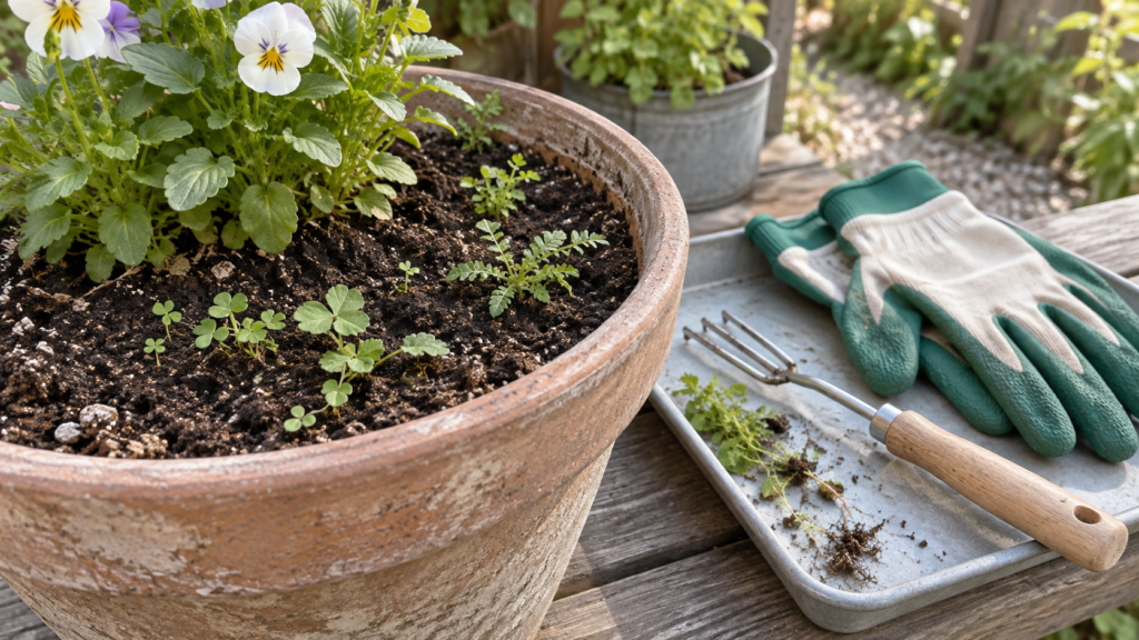 植栽のある鉢の草取りに使う手袋と小型フォーク