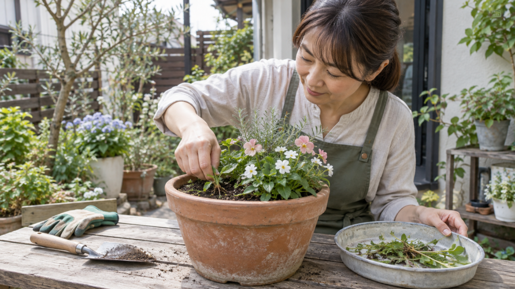 鉢の縁に生えた小さな雑草を取り回収する作業