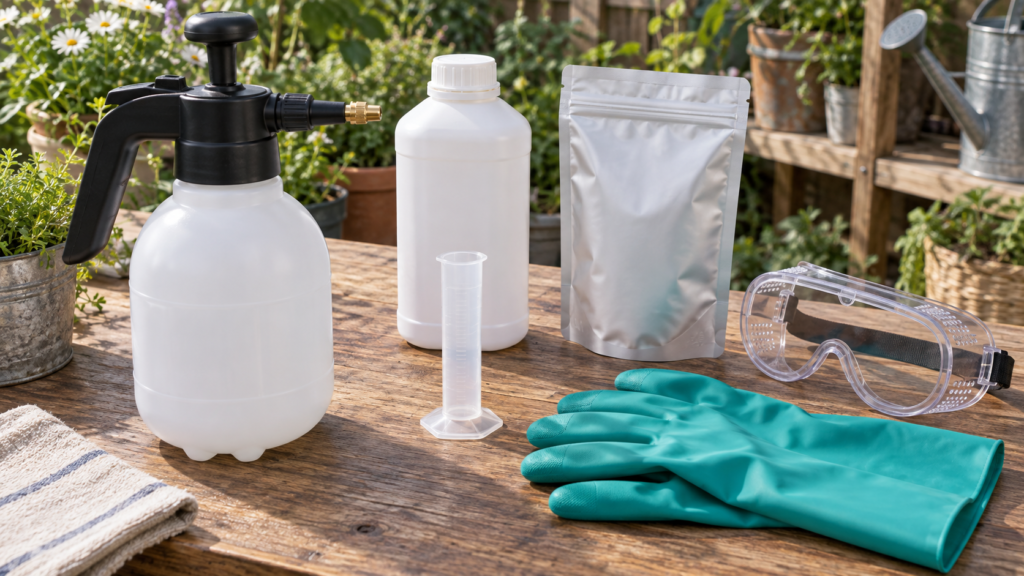 薬液を作る前に噴霧器と計量器と保護具を準備するイメージ