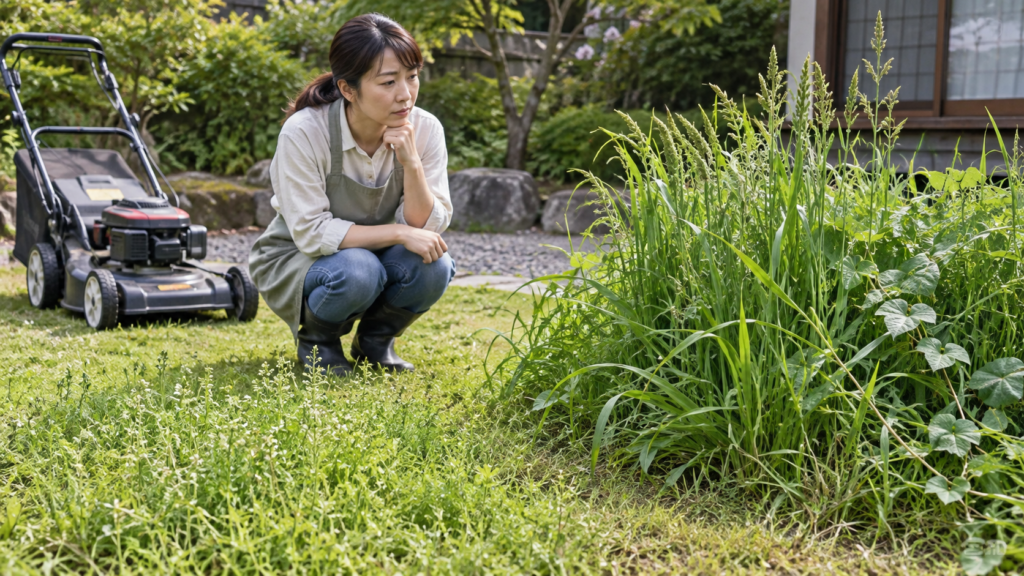 低い芝と背の高い雑草を見比べる作業前の庭