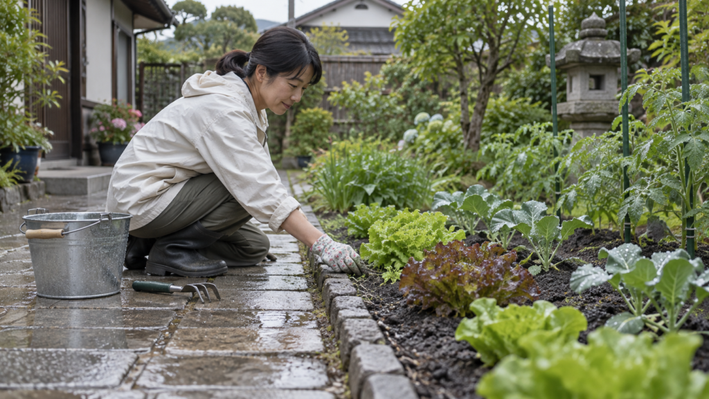 畑の通路から植え付け部分を踏まずに小さな草を確認する様子