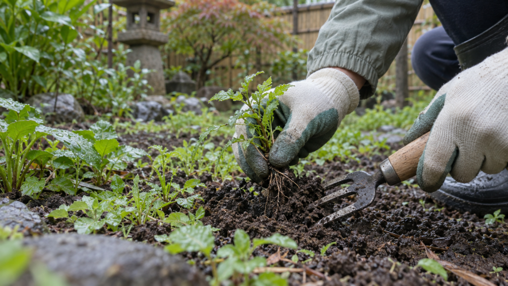 株元を持ち手道具で周囲の土を緩めて抜く小さな雑草