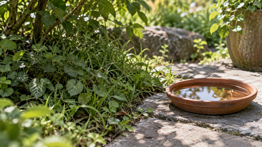 草むらと鉢皿の水を分けて点検する庭のイメージ