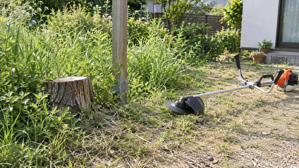 切り株のある区画を刈らずに残して停止した草刈機