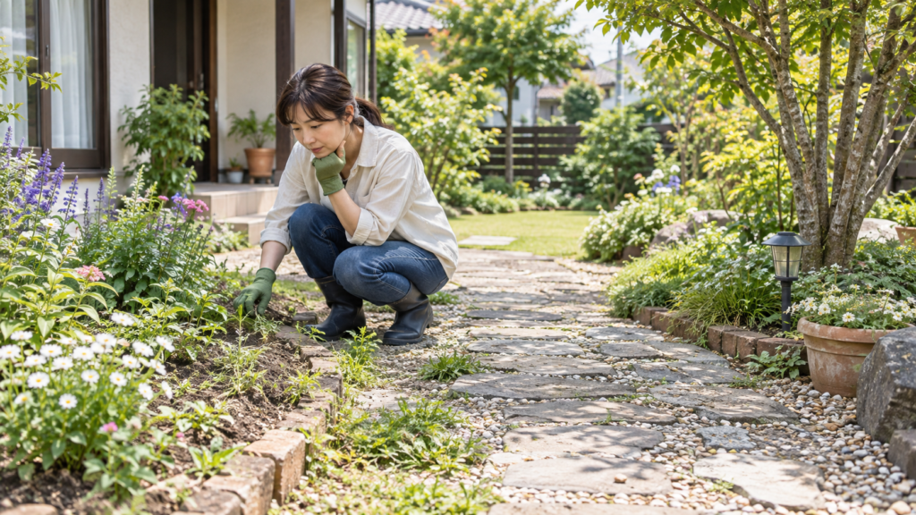 花壇と通路と庭木がある庭の雑草対策の検討