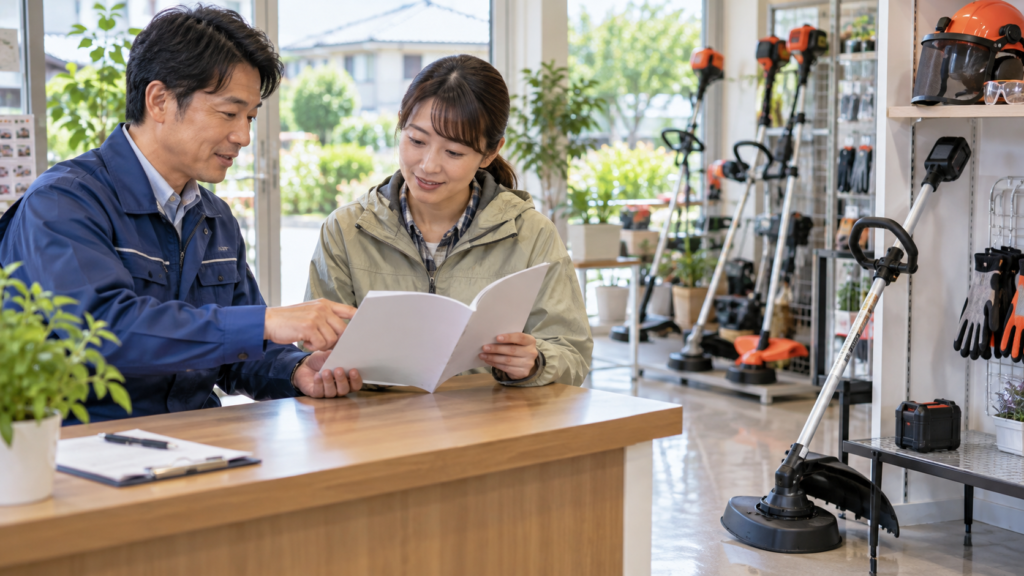 停止した草刈機と説明書をもとに販売店で相談する様子