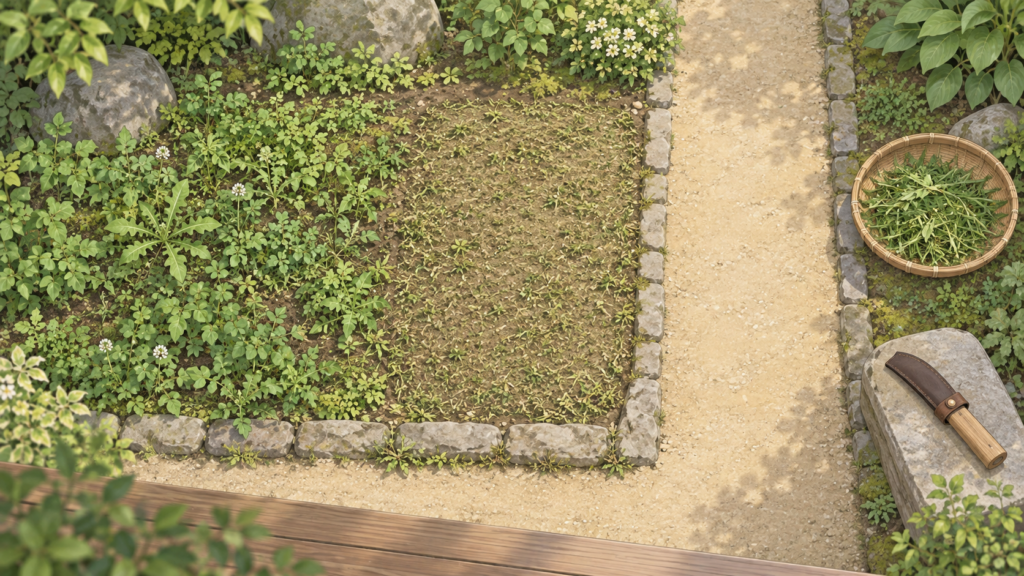 小分けした雑草区画と刈った草を置く場所