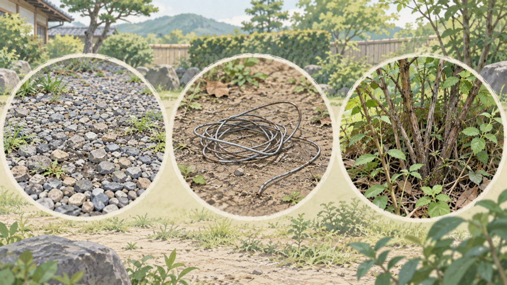 砂利・金属片・硬い茎がある場所の注意用イメージ
