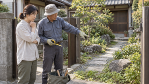 庭の依頼範囲を確認する家主と作業者のイメージ