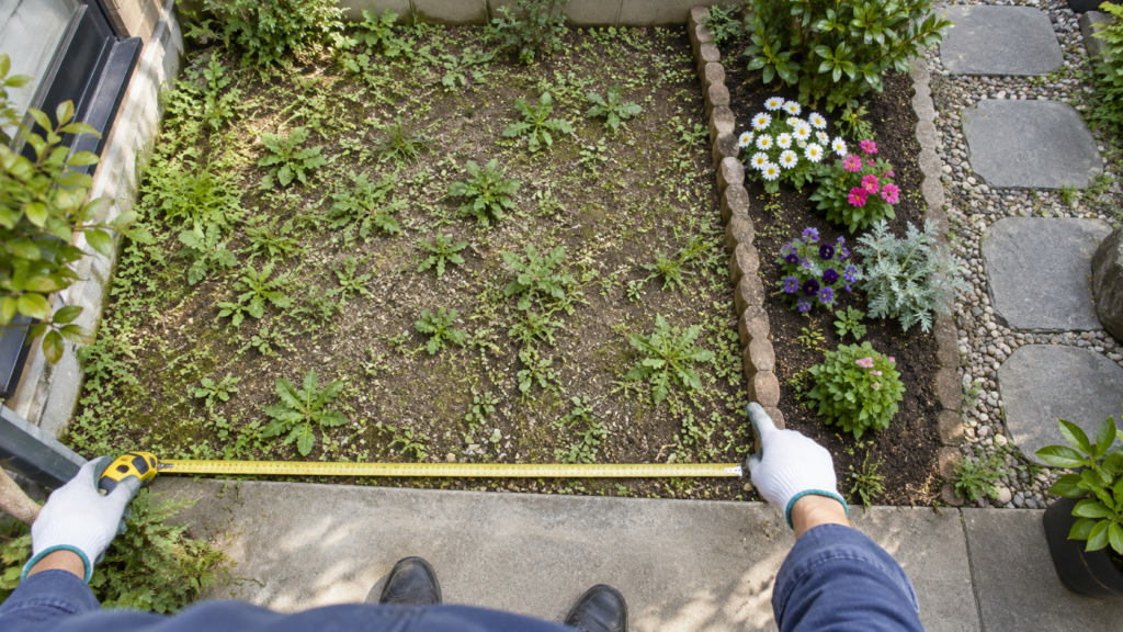 花壇と通路を分けて草取りの面積を測るイメージ