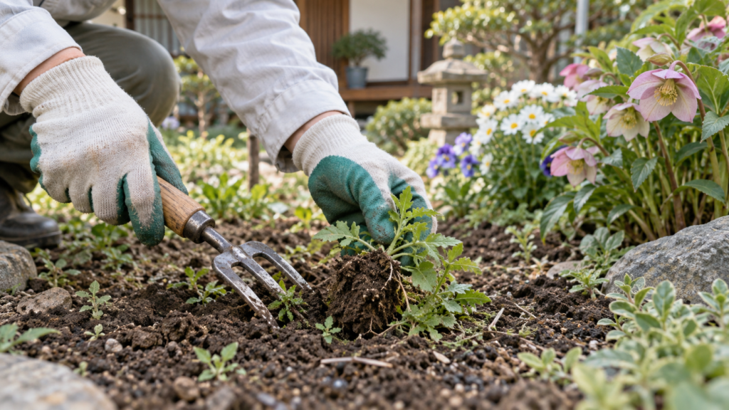 花を残しながら手道具で雑草を抜くイメージ