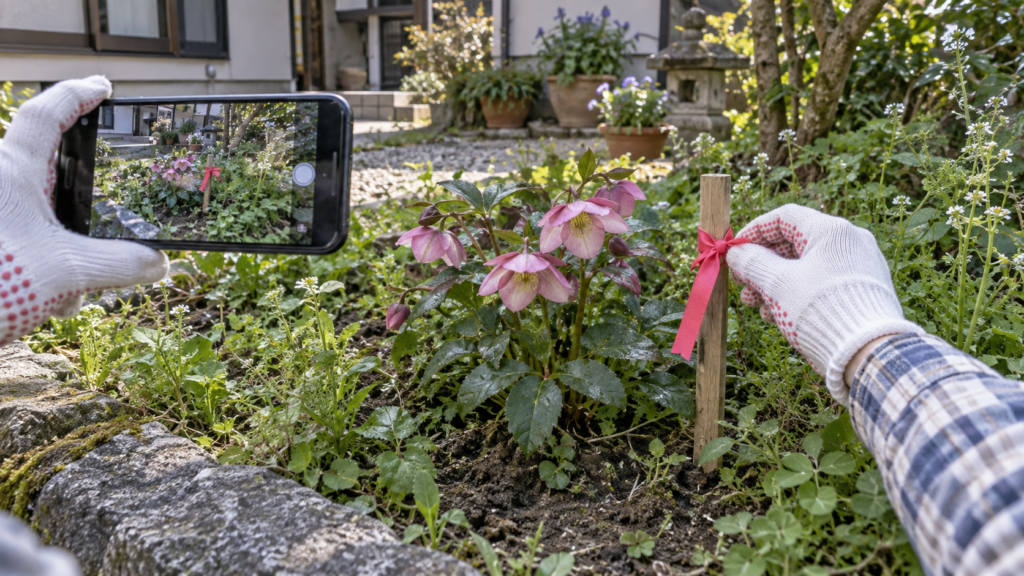 残したい花に目印を付けて写真を撮るイメージ